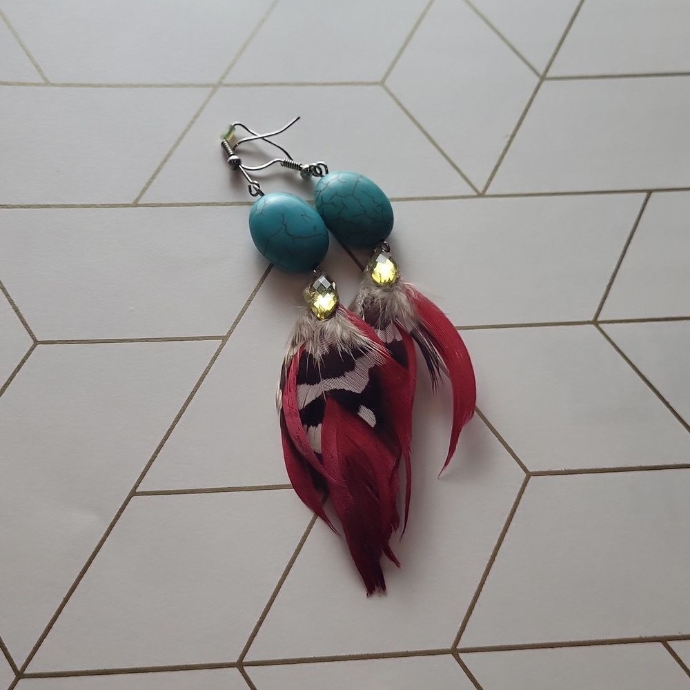 Southwestern Turquoise and Red Feather Earrings